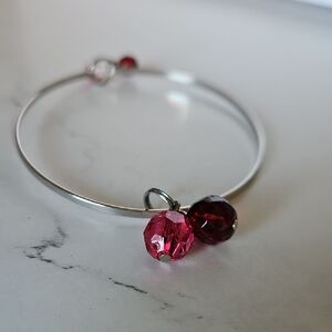 Silver Bangle Bracelet with Pink and Dark Red Crystal Beads